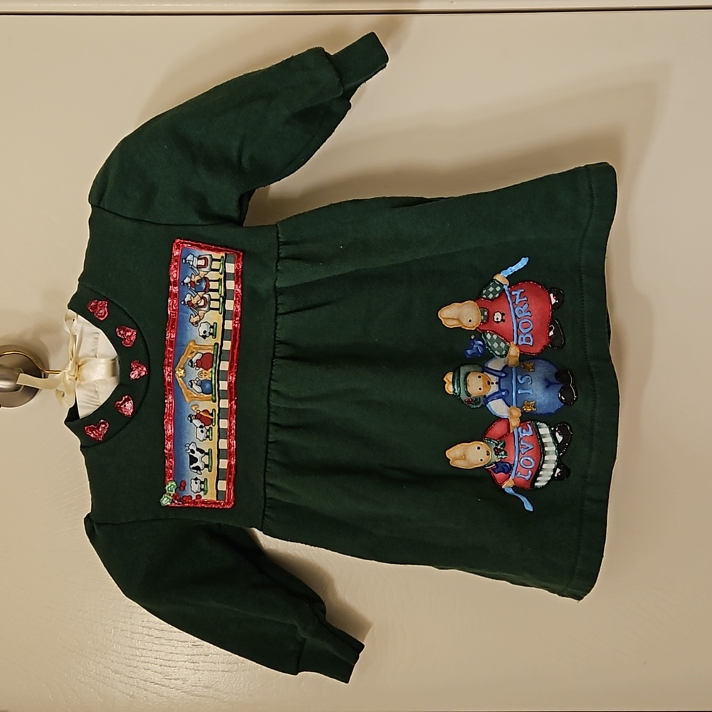 90's Vintage Hand-appliqued Puff-paint Green Fleece Christmas Holiday Dress 2T